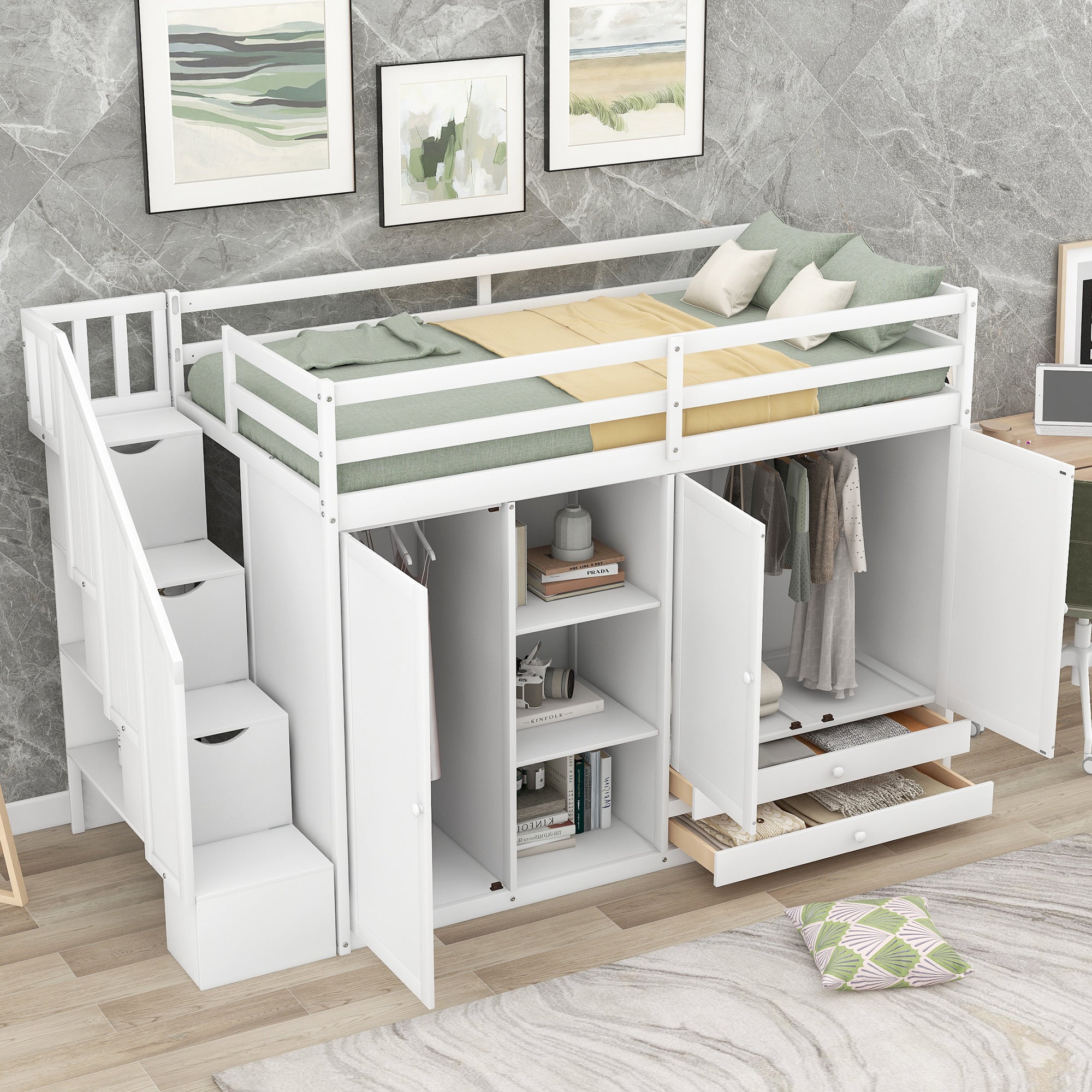 Lits mezzanine fonctionnel eprolo blanc avec 3 étagères, 2 armoires, 2 tiroirs, échelle avec rangement, sans sommier.