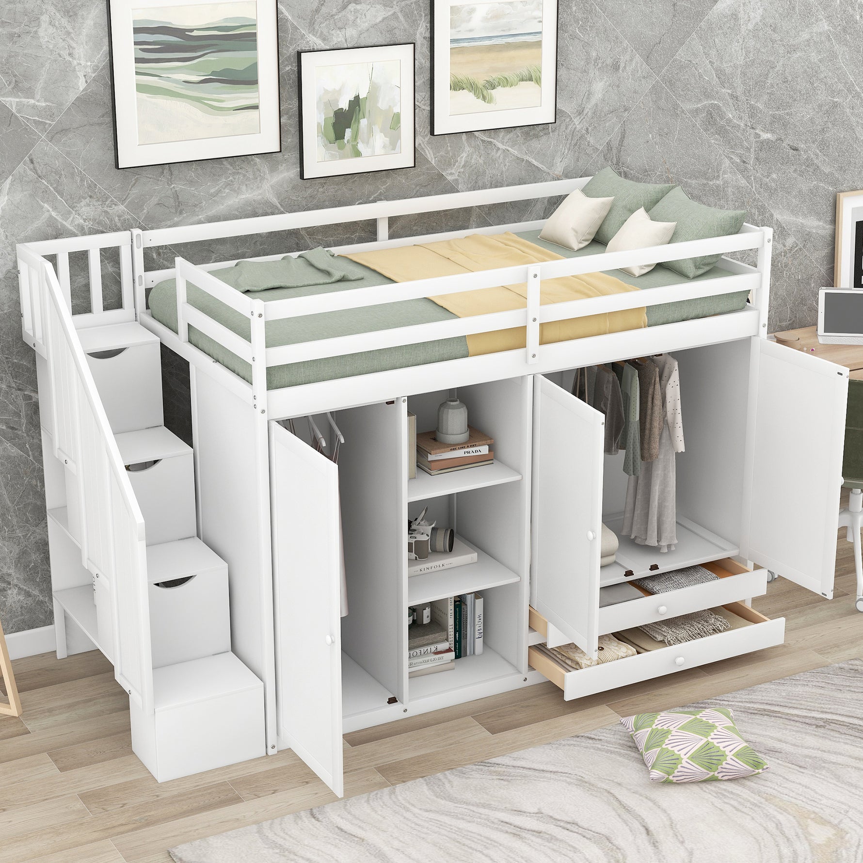 Lits mezzanine fonctionnel eprolo blanc avec 3 étagères, 2 armoires, 2 tiroirs, échelle avec rangement, sans sommier.