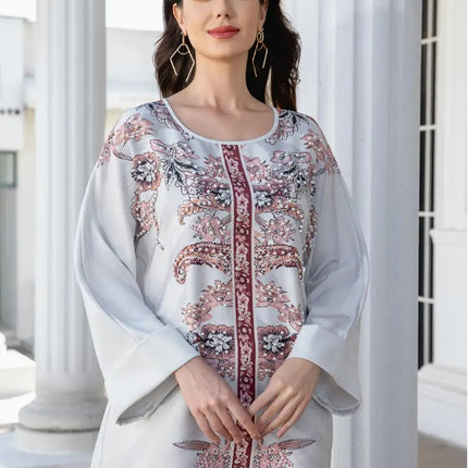 Elegant Floral Print Long Sleeve Abaya Dress
