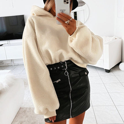 Solid color fur hooded loose coat