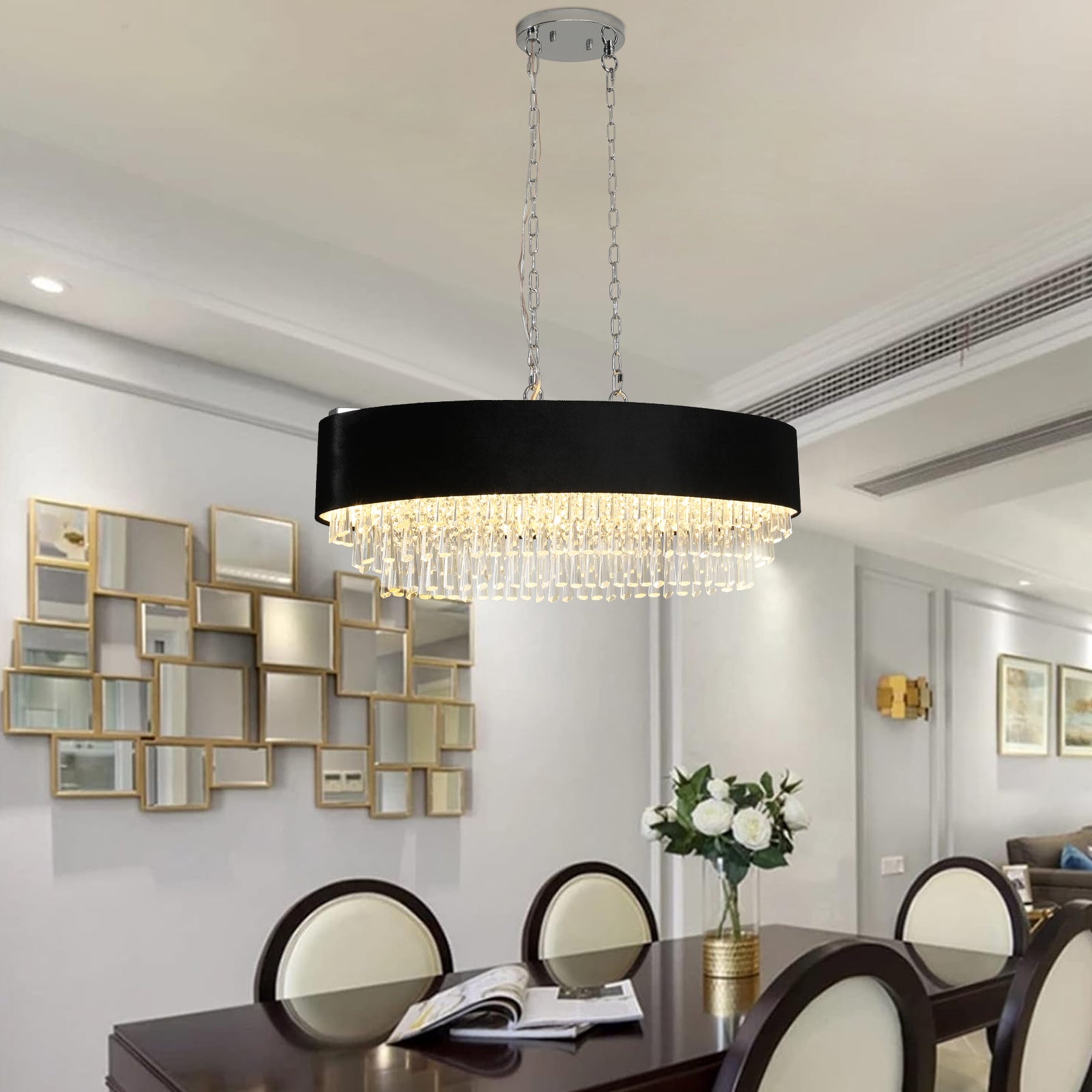 Lustre moderne en cristal eprolo avec branches élégantes, suspendu avec plusieurs cristaux brillants et un design contemporain.