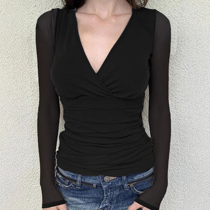 V-neck Solid-Color Mesh-Patchwork Pleated Slim-Fit T-Shirt