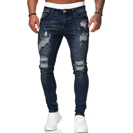 Fashion Street Style Ripped Skinny Jeans Men Vintage Wash Solid Denim Trouser Mens Casual Slim Fit Pencil Denim Pants