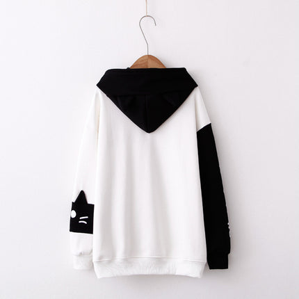 College Style Cartoon Color-Blocking Letters Kitten No Down Fleece Sweater