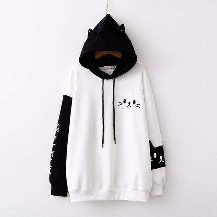 College Style Cartoon Color-Blocking Letters Kitten No Down Fleece Sweater