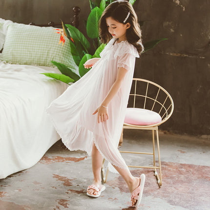 Girls Summer Short-sleeved Nightdress, Little Girl, Cotton Lace, Princess Style, Children's Home Clothes, Big Children's Baby Pajamas