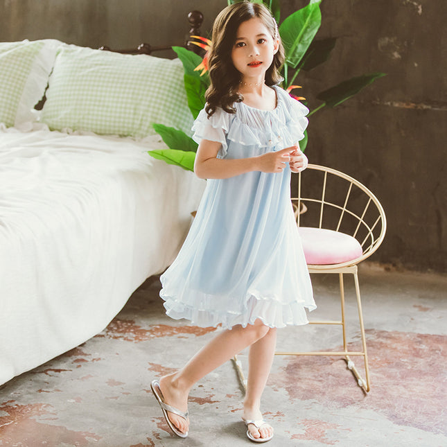 Girls Summer Short-sleeved Nightdress, Little Girl, Cotton Lace, Princess Style, Children's Home Clothes, Big Children's Baby Pajamas