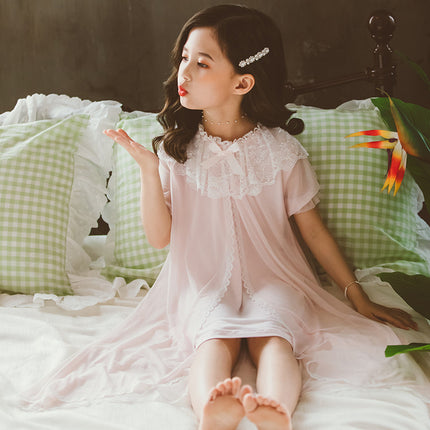 Girls Summer Short-sleeved Nightdress, Little Girl, Cotton Lace, Princess Style, Children's Home Clothes, Big Children's Baby Pajamas