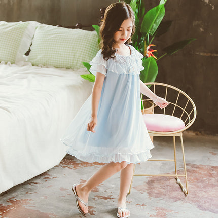 Girls Summer Short-sleeved Nightdress, Little Girl, Cotton Lace, Princess Style, Children's Home Clothes, Big Children's Baby Pajamas