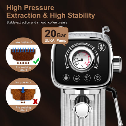 20 Bar Professional Espresso Machine With Milk Frother, Single & Double Shot, ESE Pod Compatible, Visual Display Of Pressure, Removable Water Tank For Cappuccino, Latte, Machiato For Home Barista