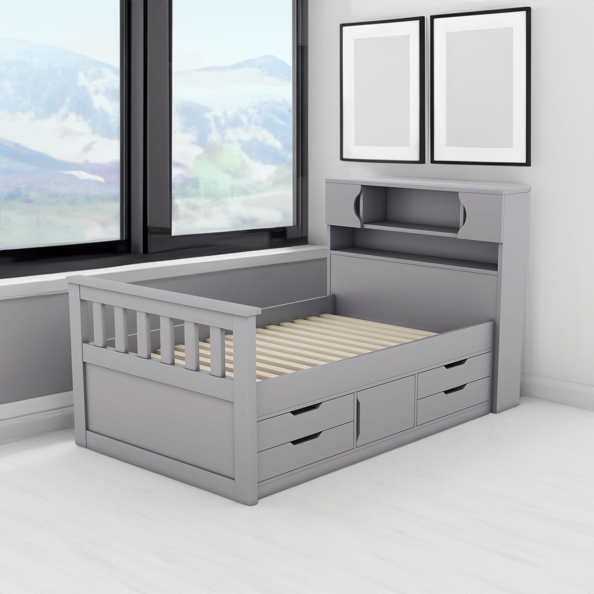 Cadre de lit plateforme double eprolo gris avec rangements intégrés, étagères et tiroirs pour chambre moderne.