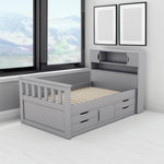 Cadre de lit plateforme double eprolo gris avec rangements intégrés, étagères et tiroirs pour chambre moderne.