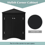 Armoire de rangement de salle de bain noire en forme de triangle avec étagères ajustables, meuble autoportant pour cuisine ou salle de bain.
