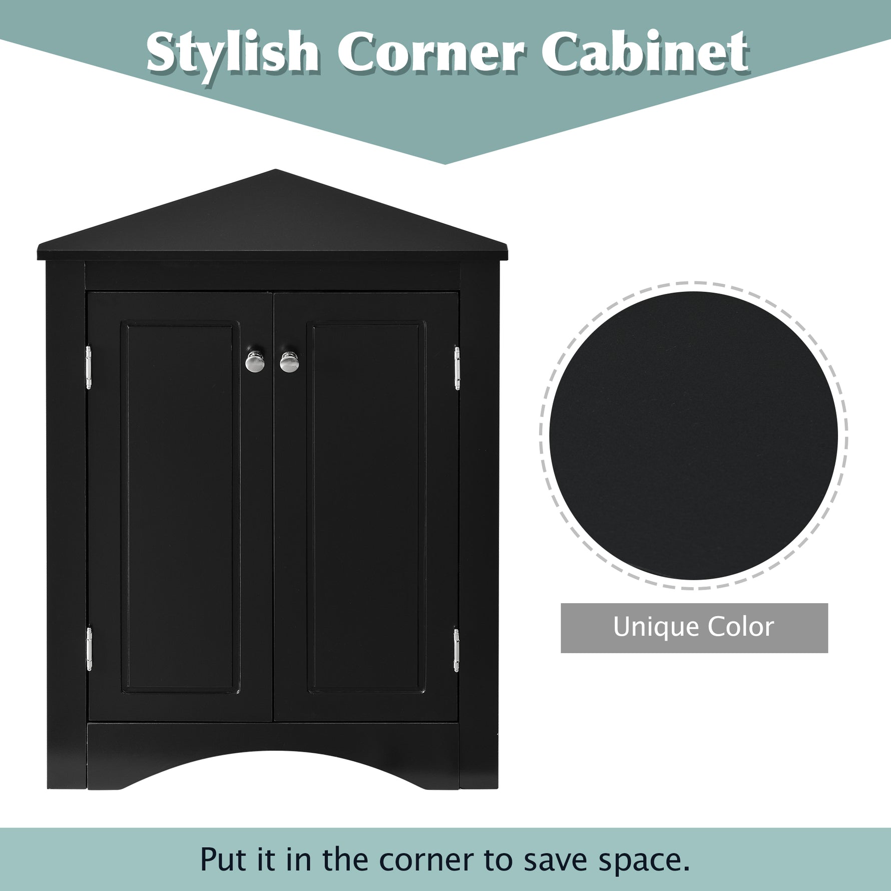 Armoire de rangement de salle de bain noire en forme de triangle avec étagères ajustables, meuble autoportant pour cuisine ou salle de bain.