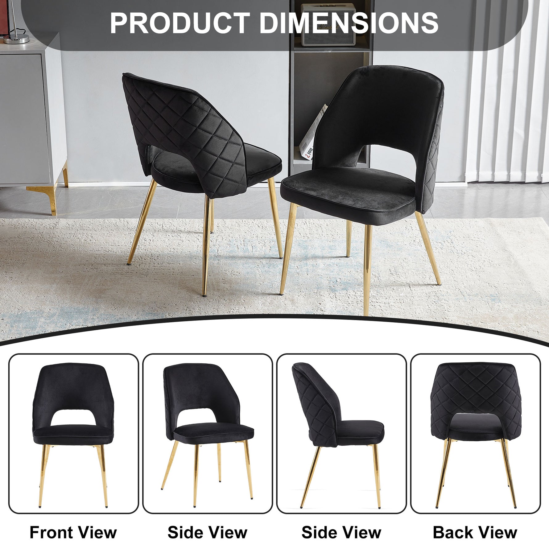 Chaise de salle à manger en velours noir avec pieds métalliques et dossier creux, ensemble de 4, marque eprolo.