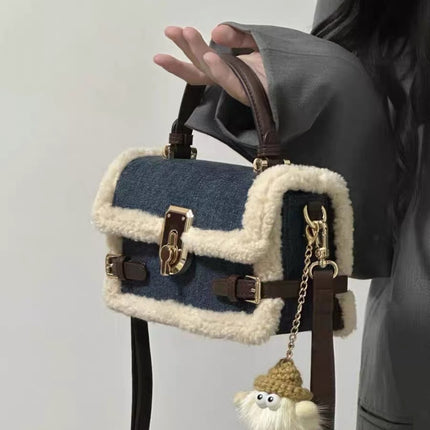 Patchwork Denim Lamb Wool All-match Messenger Bag
