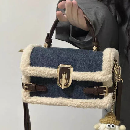 Patchwork Denim Lamb Wool All-match Messenger Bag
