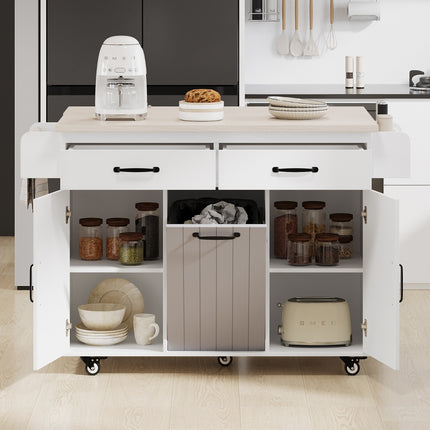 K K Kitchen Island With Trash Can Storage Cabinet, Kitchen Cart With Drop Leaf, Spice Rack, Towel Ra