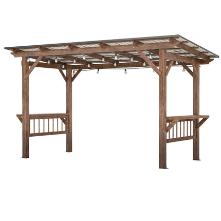 13X 6.5 Ft Wooden Pergola Grill Gazebo With Metal Roof & Bulbs & Bar Counters
