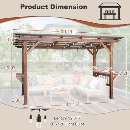 13X 6.5 Ft Wooden Pergola Grill Gazebo With Metal Roof & Bulbs & Bar Counters