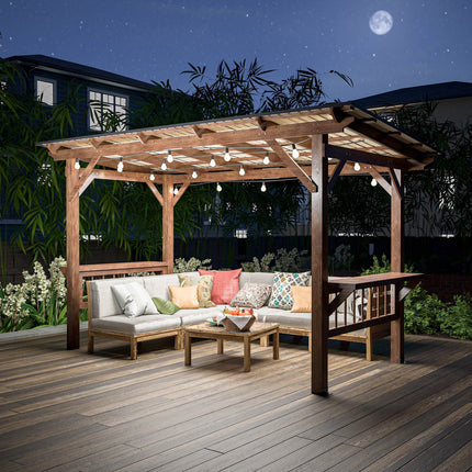 13X 6.5 Ft Wooden Pergola Grill Gazebo With Metal Roof & Bulbs & Bar Counters
