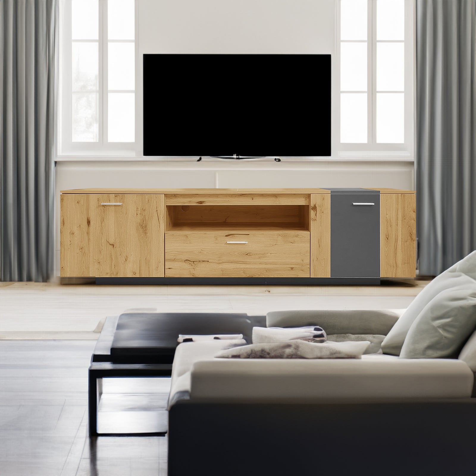Meuble TV moderne de 70 pouces en bois avec compartiments de rangement, fabriqué par eprolo.