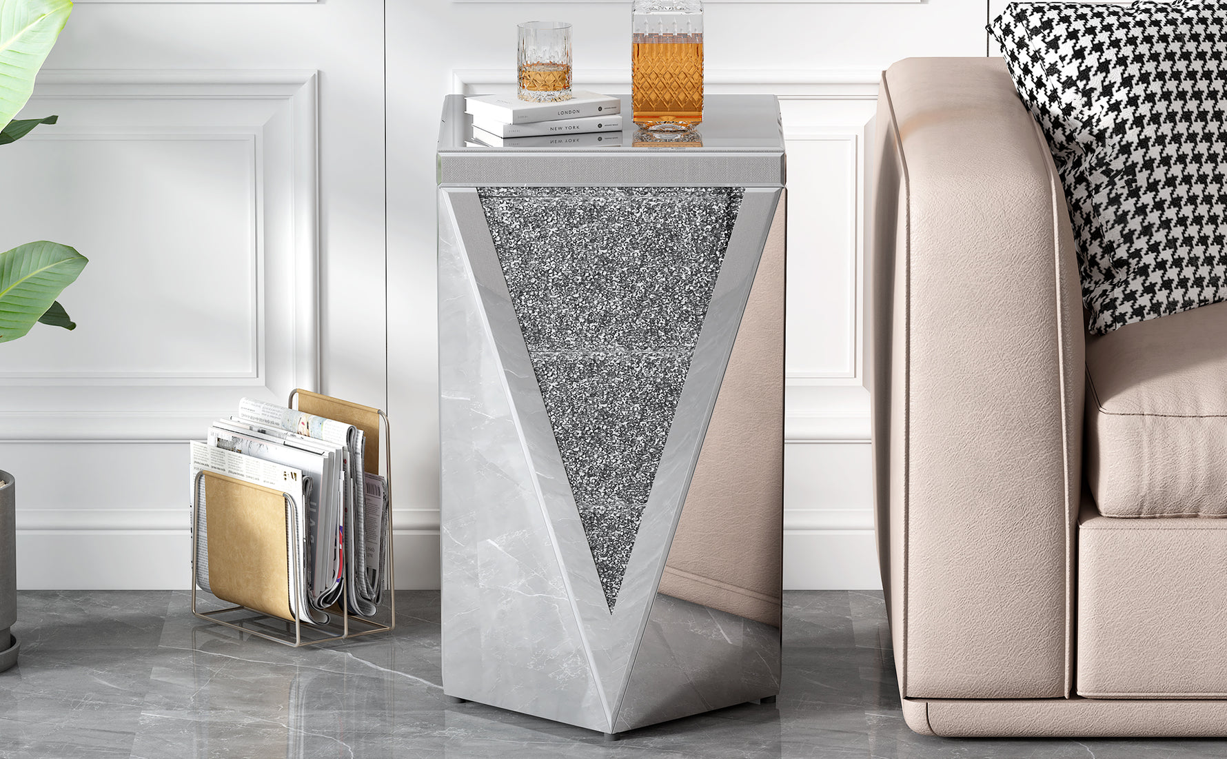 Table d'appoint carrée en miroir argenté de 13,8 pouces, moderne, avec détails en diamant concassé, sans montage, par eprolo