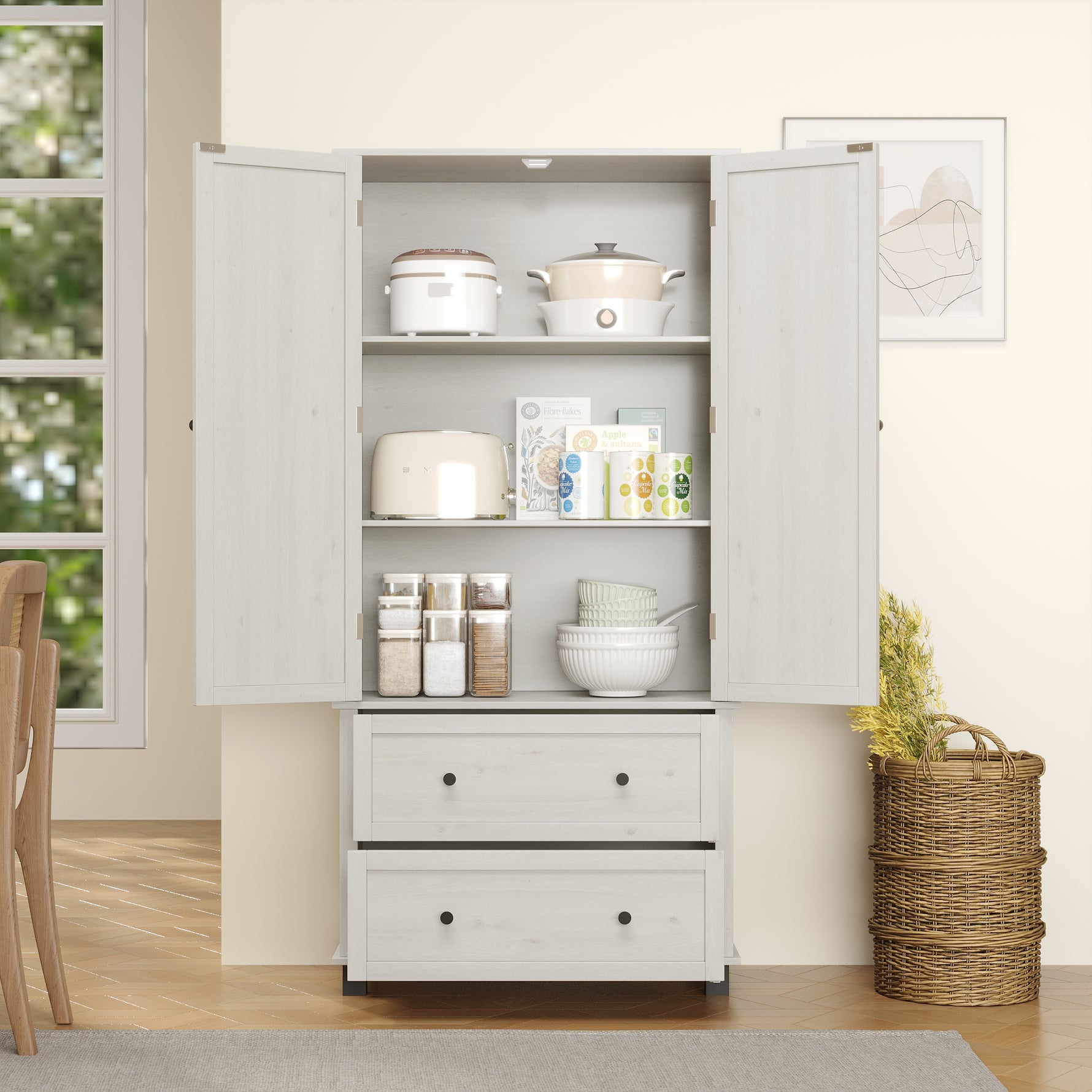 Armoires de cuisine eprolo en blanc ancien, grande armoire de rangement avec 2 tiroirs et 3 étagères, 70 pouces de haut.