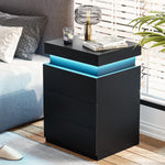 Table de nuit noire LED eprolo avec éclairage intégré, design moderne et finition élégante pour chambre à coucher.