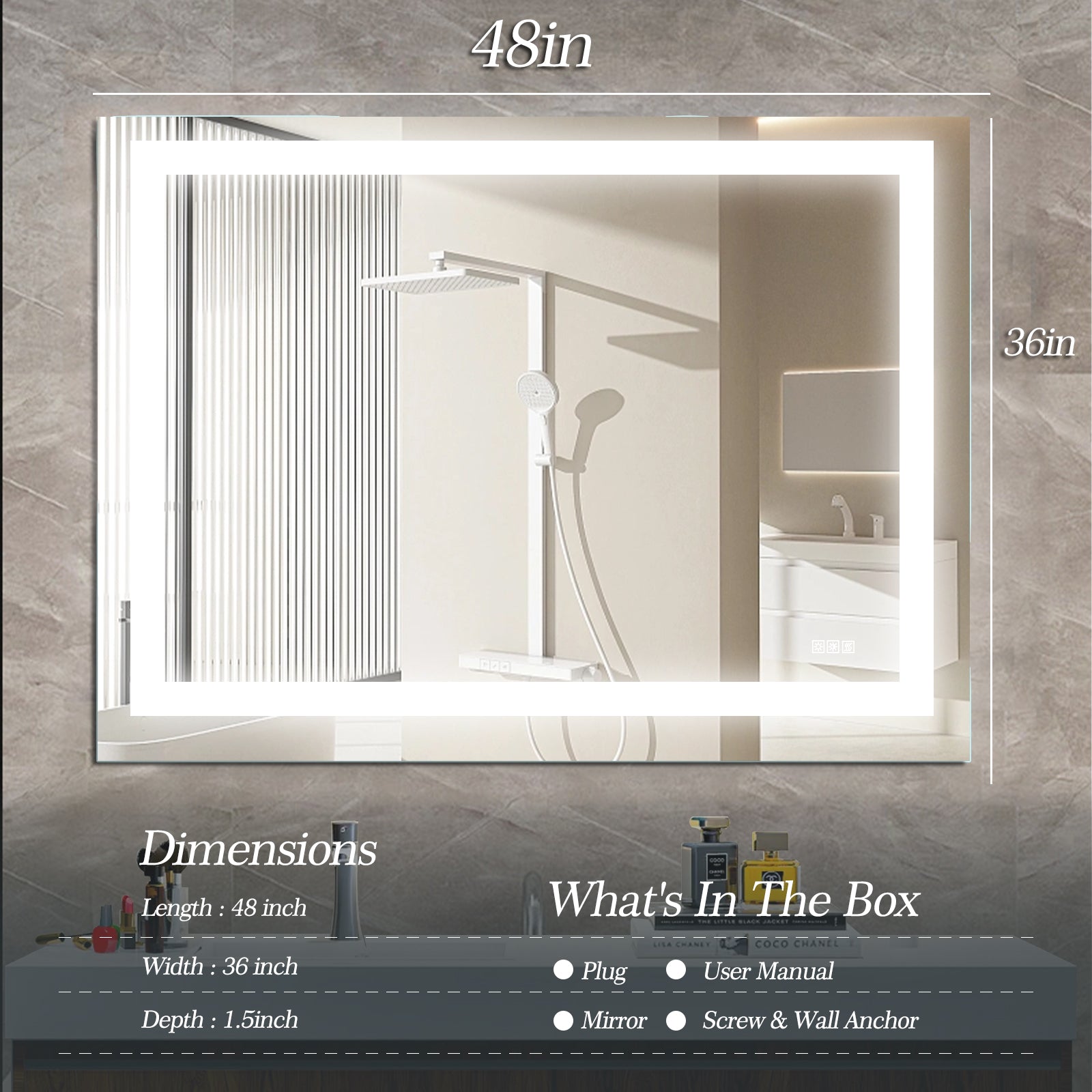 Grand miroir de salle de bain LED eprolo 48x36 pouces avec éclairage, anti-buée et fonction de gradation, miroir de vanité moderne