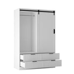 Armoire blanche eprolo avec porte coulissante, étagères ouvertes, tiroirs, barres de suspension pour rangement de vêtements.
