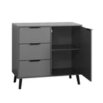 Armoire de rangement grise eprolo avec 3 tiroirs et étagères ajustables, cabinet médiéval avec portes en image.