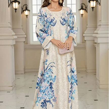 Elegant Floral Print Long Sleeve Abaya Dress