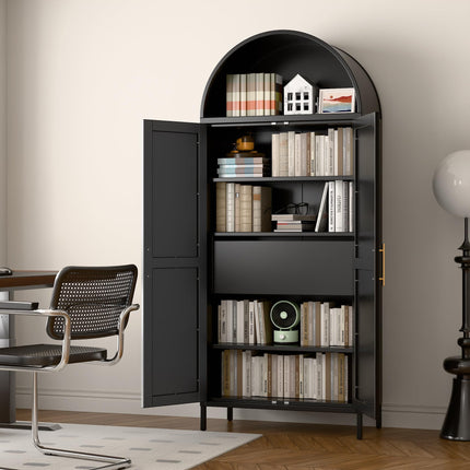 73inch Tall Metal Arched Cabinet, Modern Arch Bookshelf Display Cabinet With Doors,Shelves,Internal Drawers For Home Office Kitchen Bar Living Room,Black