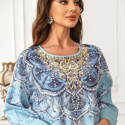 Printed Lace Detail Abaya Long Sleeved Extra Long Dress