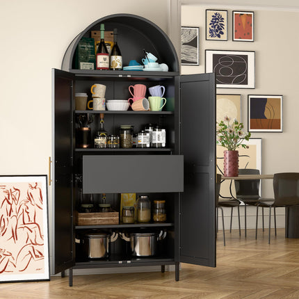 73inch Tall Metal Arched Cabinet, Modern Arch Bookshelf Display Cabinet With Doors,Shelves,Internal Drawers For Home Office Kitchen Bar Living Room,Black