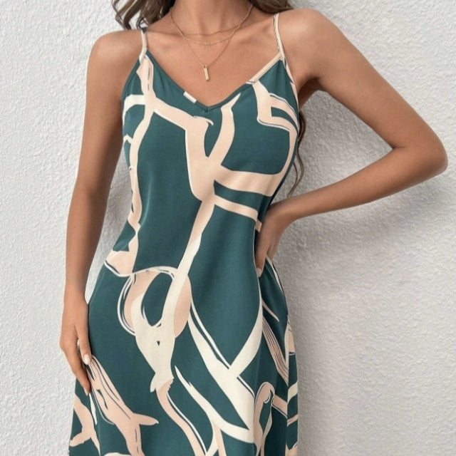 Ladies' New Vacation Style Plant Print Slimming Fashion Casual Off Shoulder Camisole Skirt