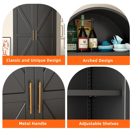 73inch Tall Metal Arched Cabinet, Modern Arch Bookshelf Display Cabinet With Doors,Shelves,Internal Drawers For Home Office Kitchen Bar Living Room,Black
