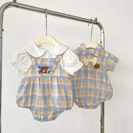 Baby Short Sleeve Two-piece Thin Bear Plaid Romper Climbing Clothing