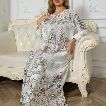 Elegant Floral Print Long Sleeve Abaya Dress