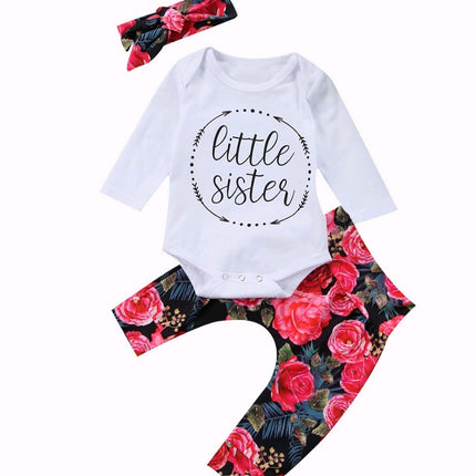 Girls Autumn New Style Clothing Set Baby Cotton Long-sleeved Color Hair Band Three-piece Suit