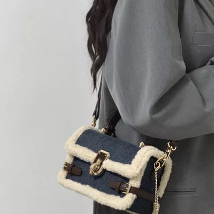 Patchwork Denim Lamb Wool All-match Messenger Bag