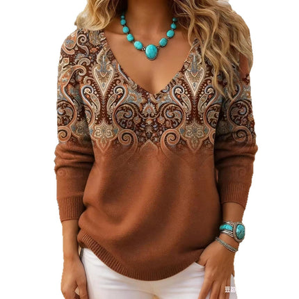 Womens Retro-Print V-Neck Long-Sleeve T-Shirt Top