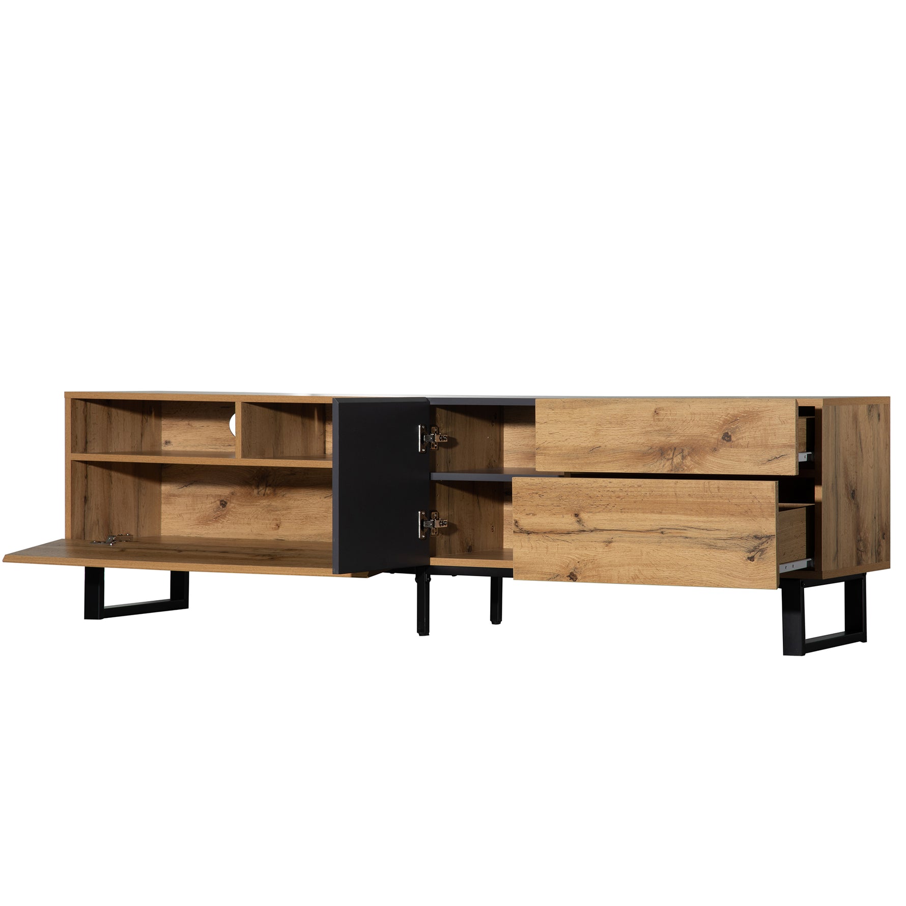 Meuble TV moderne pour téléviseur 80 pouces avec double espace de rangement, design épuré en bois, marque eprolo