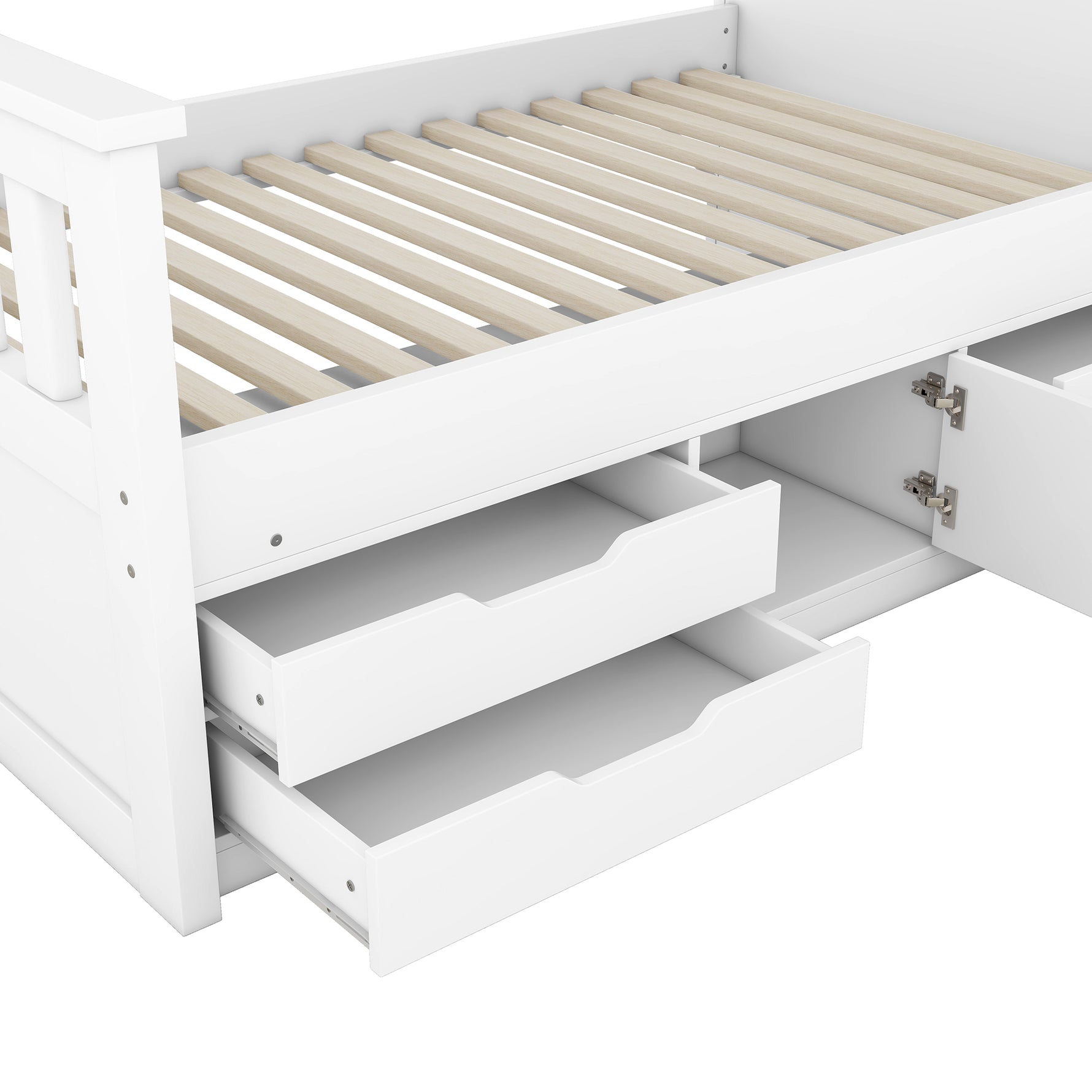 Cadre de lit plateforme double avec rangements, étagères et tiroirs blancs, en bois, par eprolo, pour chambre moderne.