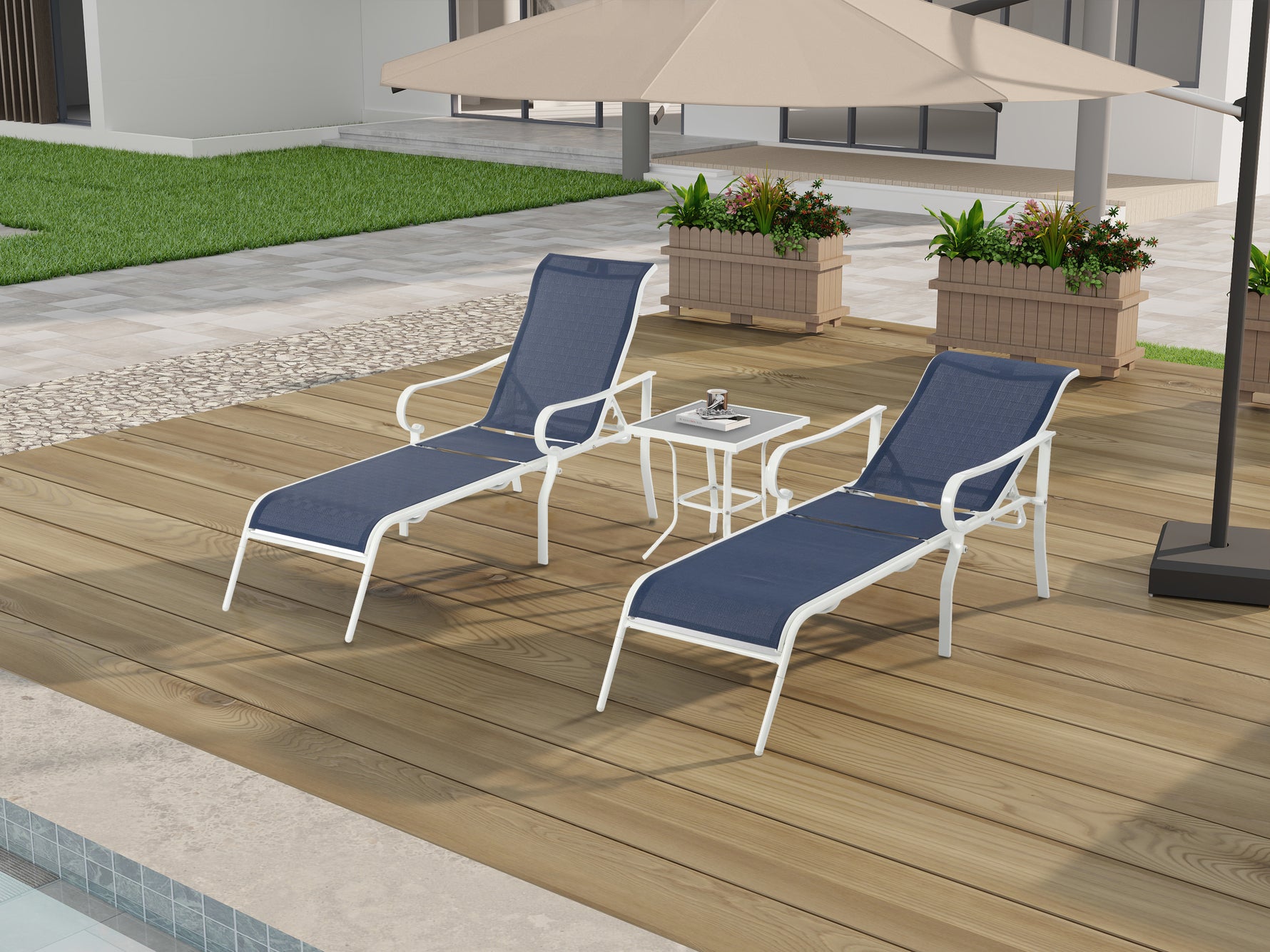 Ensemble de 3 chaises extérieures eprolo en acier robuste, avec 5 positions réglables, couleur blanche et bleue.