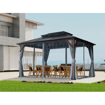 10' X 13' Hardtop Wood Gazebo For Patios, Outdoor Framed Gazebo With Polycarbonate Double Roof Canopy, Solid Wooden Framed Gazebo With Privacy Curtains And Mosquito Nettings For Garden, Backyard