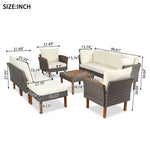 Ensemble de mobilier de patio en rotin avec 9 pièces, coussins beiges, pieds en acacia, table basse et canapé confortable.