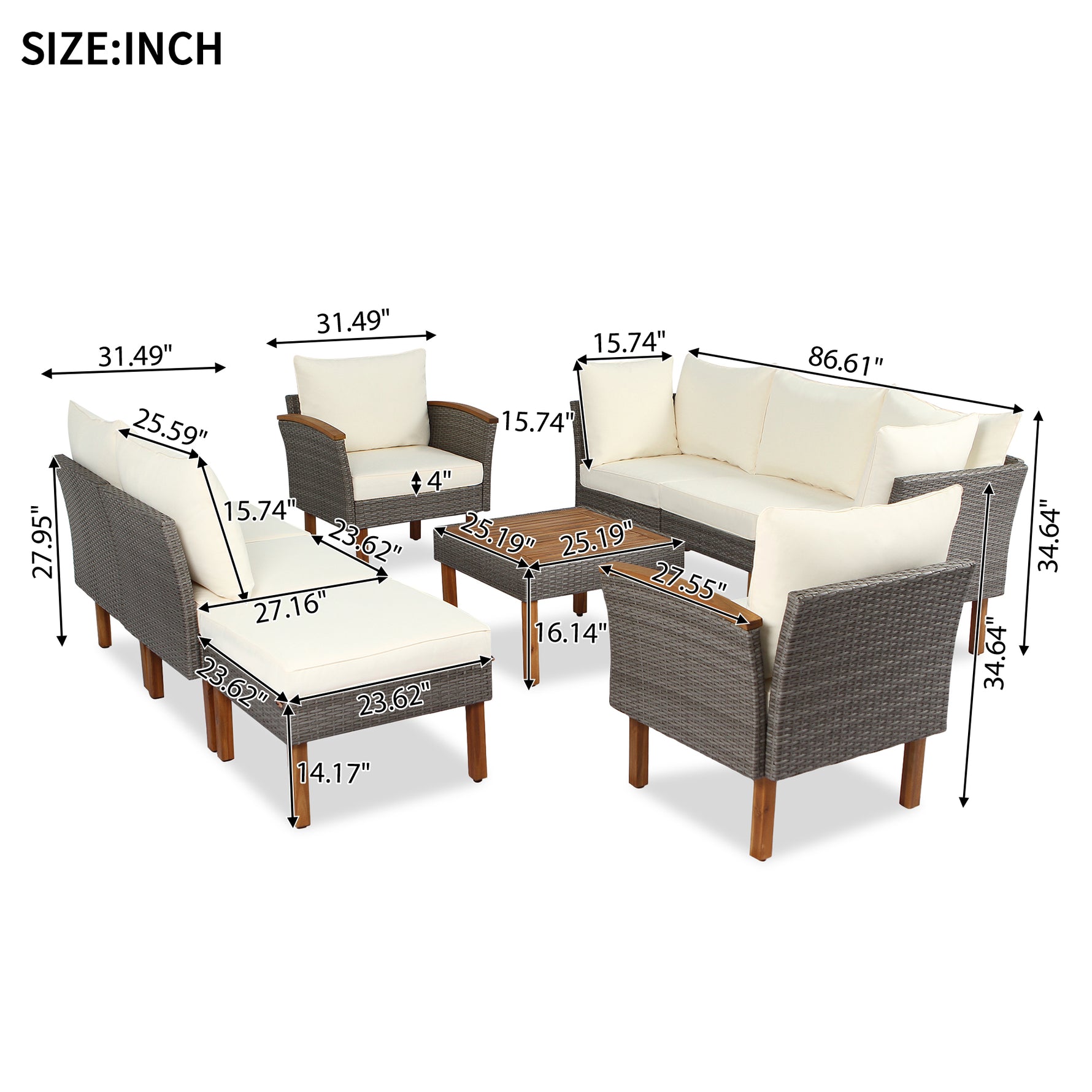 Ensemble de mobilier de patio en rotin avec 9 pièces, coussins beiges, pieds en acacia, table basse et canapé confortable.