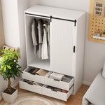 Armoire blanche eprolo pour chambre, rangement avec porte coulissante, étagères ouvertes, tiroirs et tringle à vêtements.